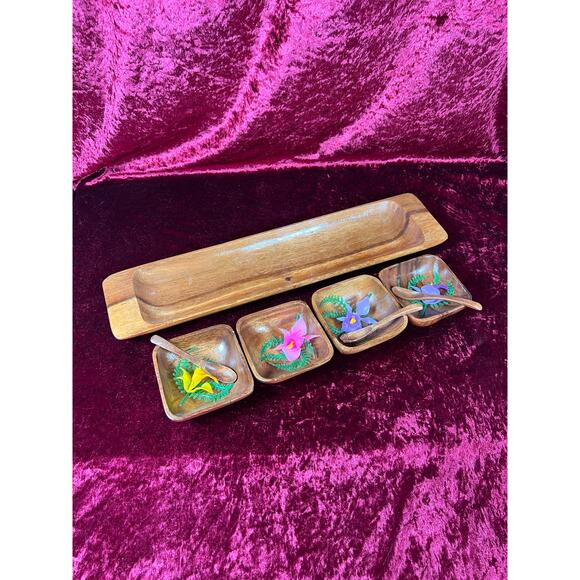 Vintage Kitchen Bar Decor - Tiki Teakwood Snack Tray with Sauce Bowls and Spoons - Picture 3 of 6